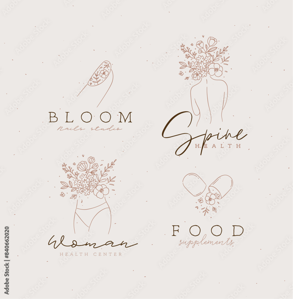 Beauty floral woman modern signs finger back belly pill with lettering nails studio spine health food supplements drawing in linear style on light background