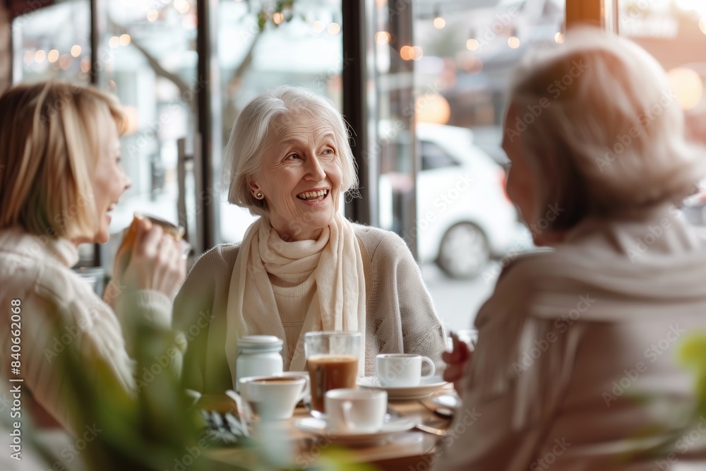 Cheerful elderly woman socializing with friends in a sunny cafe