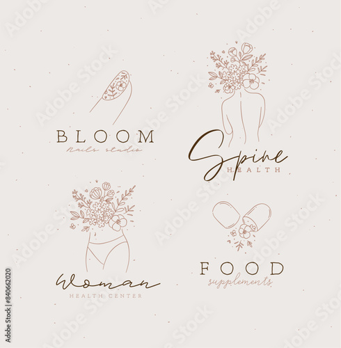 Obraz na płótnie Beauty floral woman modern signs finger back belly pill with lettering nails studio spine health food supplements drawing in linear style on light background w salonie