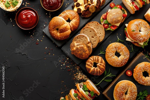 Delicious baked goods arrangement, bagels and breads on black background, bakery display, food photography, rustic bakery scene