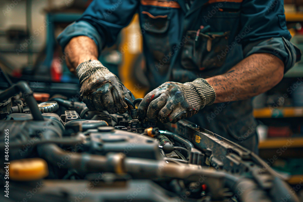 Automotive mechanic repairing car engine in workshop. Close-up shots of mechanic working with tools on engine parts. Design for poster, banner, print, and advertisement Automotive mechanic repairing car engine in workshop. Close-up shots of mechanic working with tools on engine parts. Design for poster, banner, print, and advertisement