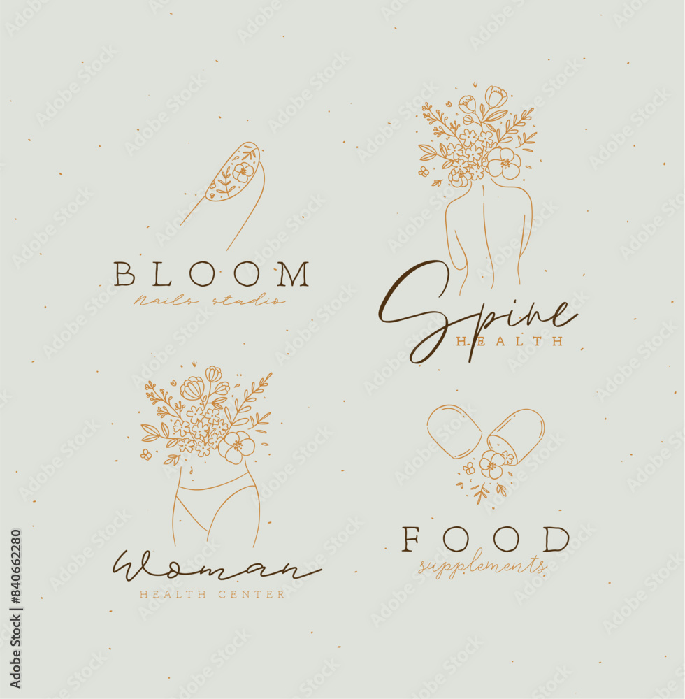 Beauty floral woman modern signs finger back belly pill with lettering nails studio spine health food supplements drawing in linear style on light brown background