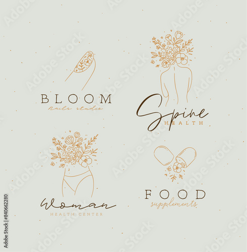 Obraz na płótnie Beauty floral woman modern signs finger back belly pill with lettering nails studio spine health food supplements drawing in linear style on light brown background w salonie