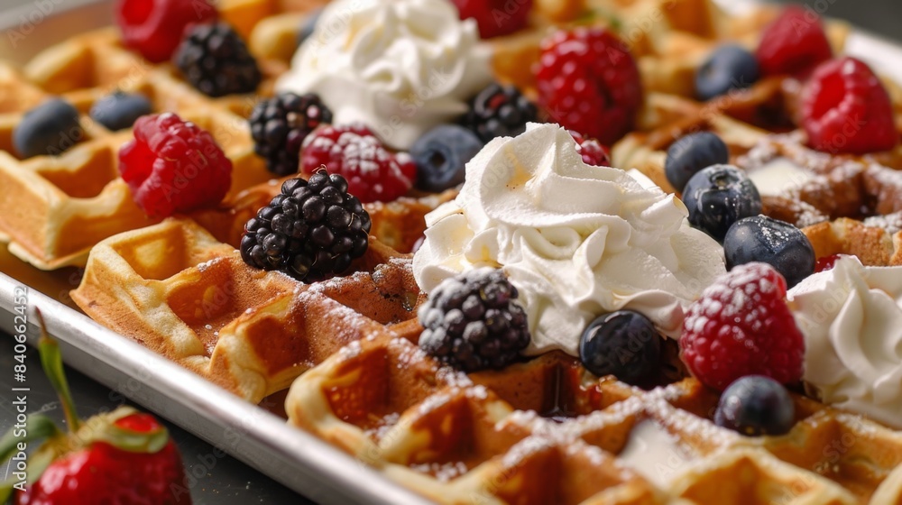 A tray of golden and crispy Belgian waffles topped with fresh berries and whipped cream, representing the worldwide love for indulgent breakfast and brunch treats A tray of golden and crispy Belgian waffles topped with fresh berries and whipped cream, representing the worldwide love for indulgent breakfast and brunch treats
