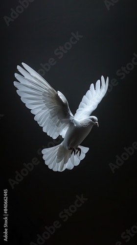 Beautiful white dove in flight, Dark background white bird, Graceful wings spread, Elegant aerial view, Pure and peaceful
