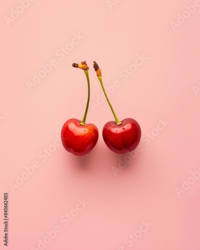 A clean, minimalist image of a group of three red cherries with stems © zulfadli