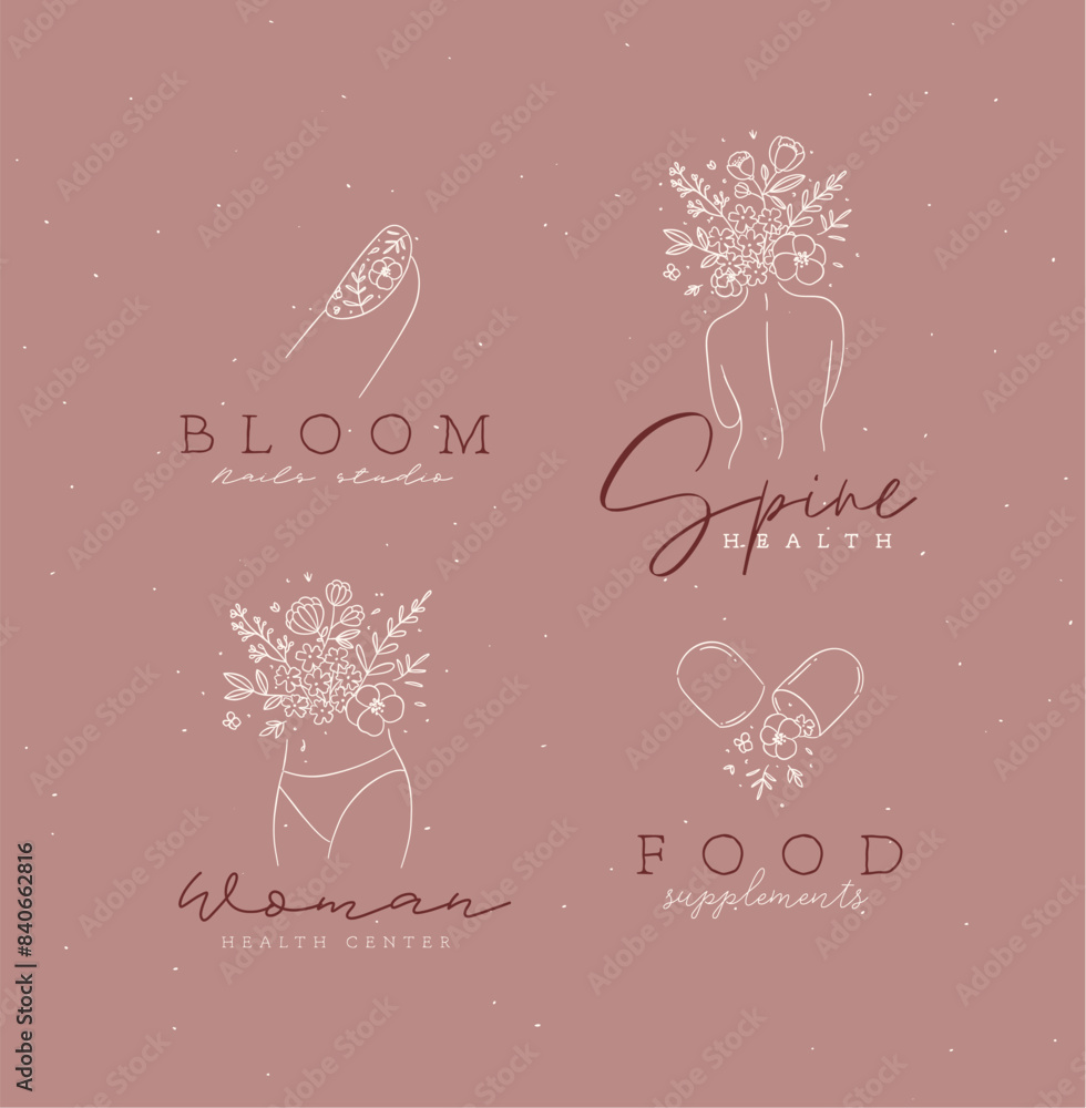 Beauty floral woman modern signs finger back belly pill with lettering nails studio spine health food supplements drawing in linear style on coral background