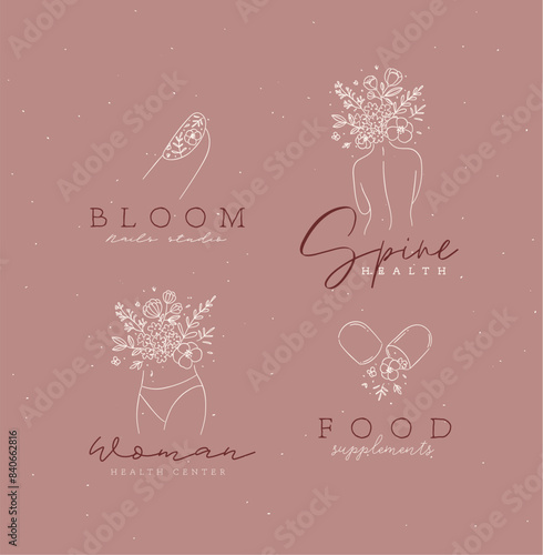 Obraz na płótnie Beauty floral woman modern signs finger back belly pill with lettering nails studio spine health food supplements drawing in linear style on coral background w salonie