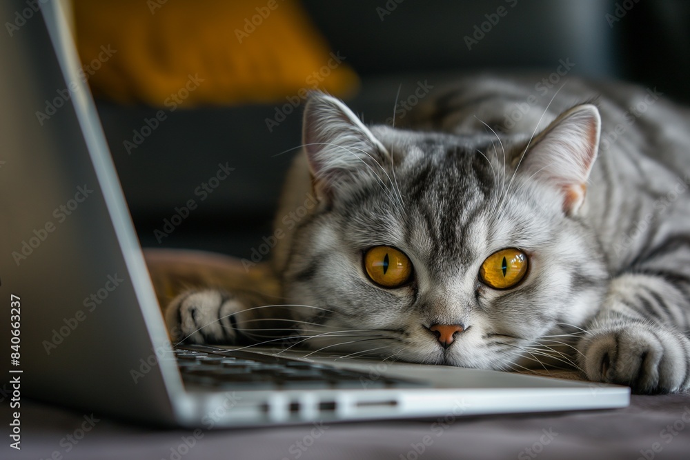 A beautiful cat lounges on a table next to a laptop computer, seemingly engaged in home office work, captured in a detailed and adorable closeup portrait. A beautiful cat lounges on a table next to a laptop computer, seemingly engaged in home office work, captured in a detailed and adorable closeup portrait.