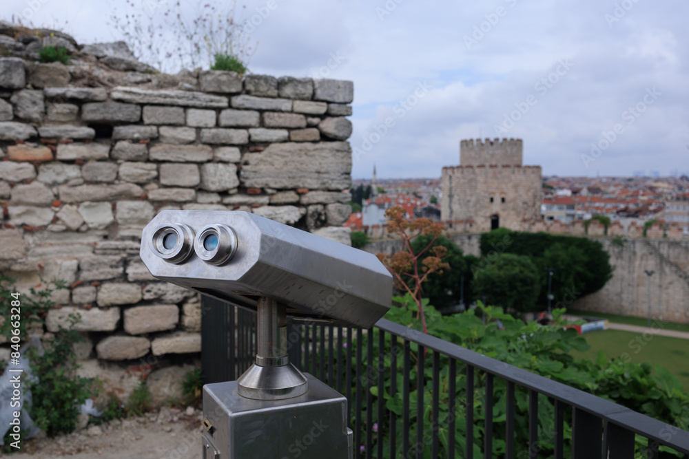 Observation deck and binoculars for viewing the sea and the city of Istanbul in a public place
