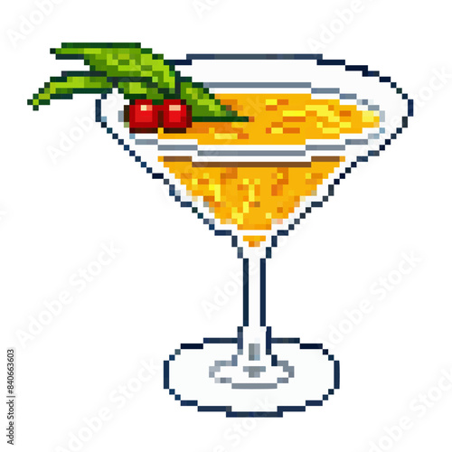 A cocktail or mocktail drink with berries as garnish. Vector pixel art, 2D clipart illustration, isolated on transparent background.