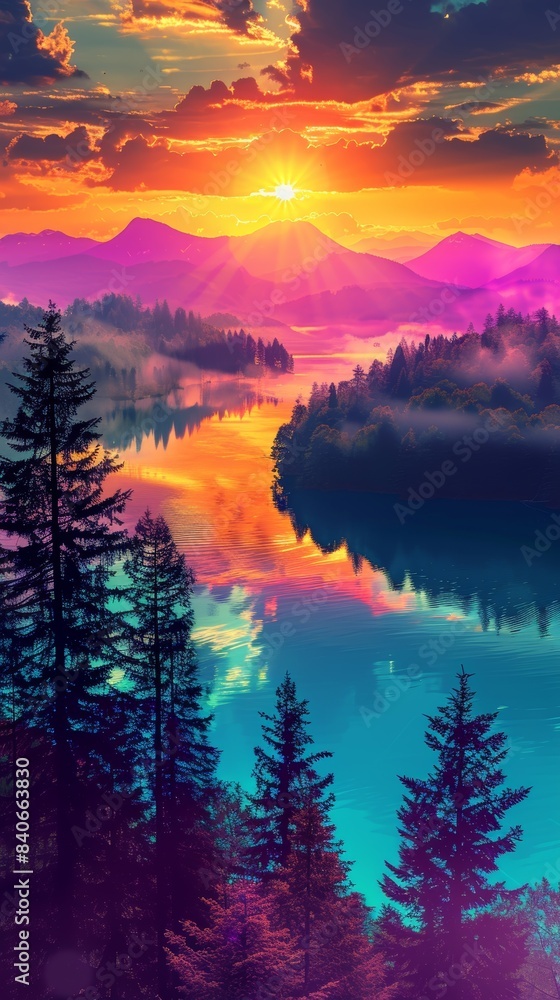 Stunning vibrant sunset over a misty mountain lake, showcasing beautiful reflections and colorful skies. Stunning vibrant sunset over a misty mountain lake, showcasing beautiful reflections and colorful skies.