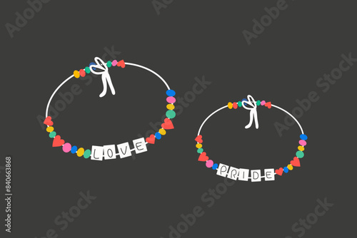 Vector set of LGBTQ community icon. Social community. Supporting love freedom. Beaded bracelets vector. Multicolored bracelets made of beads with the inscription love and pride