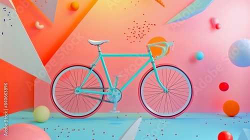 Vibrant Neo-Nostalgia 90s Abstract Bicycle Art with Pastel Geometric Background