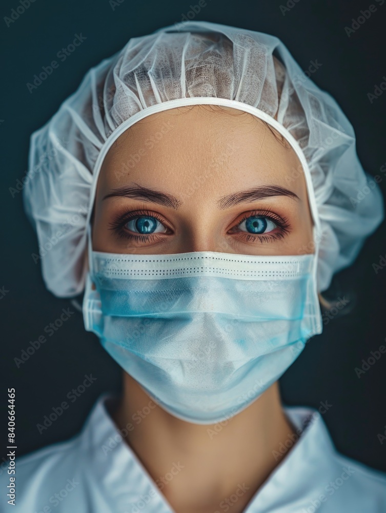 A person wearing personal protective equipment including a surgical mask and cap for medical or laboratory use A person wearing personal protective equipment including a surgical mask and cap for medical or laboratory use