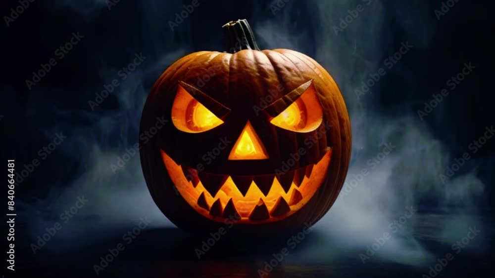 Spooky Halloween jack o lantern with glowing scary face carved out of a ...