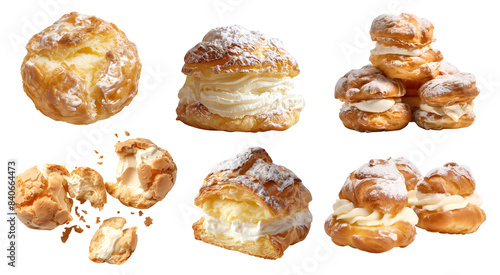 French Cream Puff, Choux pastry, Choux à la Crème bun on transparent cutout, PNG file. Many assorted different angles, stack, broken, slice, pile. Mockup template for artwork
