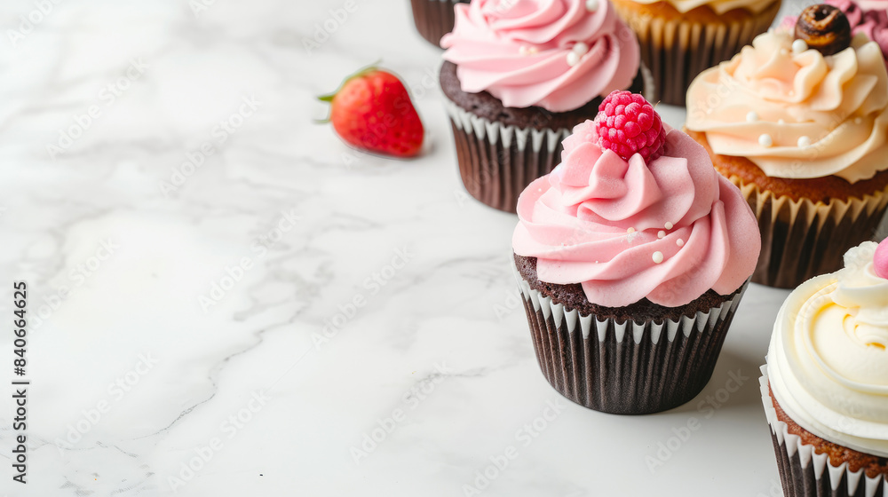 Tempting Pink Cupcakes Arrangement on White Kitchen Surface Tempting Pink Cupcakes Arrangement on White Kitchen Surface