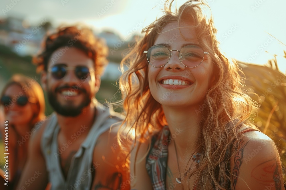 Fototapeta premium Friends celebrate friendship and freedom while hiking, smiling and enjoying the outdoors together.
