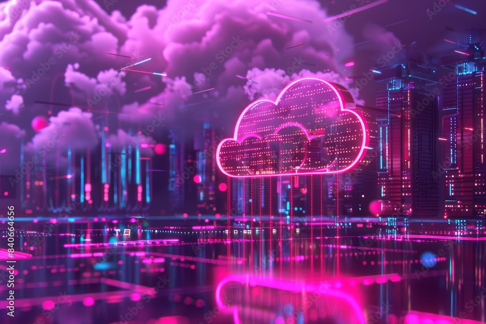 Futuristic digital cityscape with glowing cloud icon, neon lights, and cyberpunk elements representing advanced technology and computing. Futuristic digital cityscape with glowing cloud icon, neon lights, and cyberpunk elements representing advanced technology and computing.