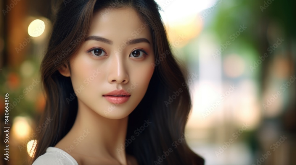 A woman with long brown hair wearing a white shirt, suitable for use in various editorial and commercial contexts A woman with long brown hair wearing a white shirt, suitable for use in various editorial and commercial contexts