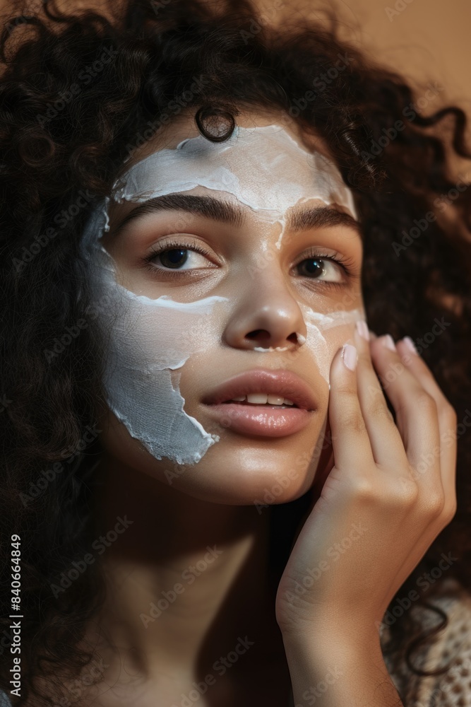 A woman wearing a white mask, possibly a theatrical or historical character A woman wearing a white mask, possibly a theatrical or historical character