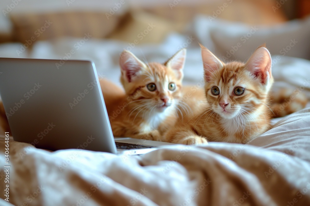 Charming cats lounging on a bed next to a laptop computer, seemingly engaged in home office work, captured in a detailed and adorable closeup portrait. Charming cats lounging on a bed next to a laptop computer, seemingly engaged in home office work, captured in a detailed and adorable closeup portrait.