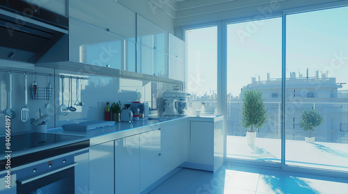Sleek White Kitchen  Minimalist Chic with City Panorama