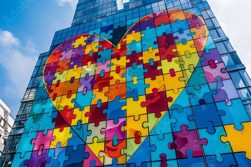 Colorful heart-shaped puzzle mural on building facade. Urban street art in vibrant shades. Creative expression through geometric shapes. Perfect for modern art collections and decor themes photo