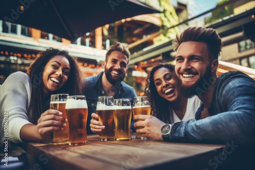 A gathering of friends enjoying cold beer and socializing around a table photo