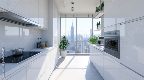 Minimalist Metropolis: White Kitchen Retreat with City Outlook