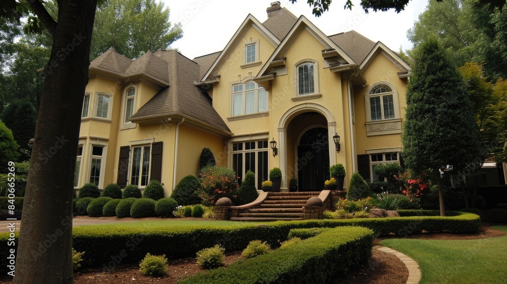 A picture of a bright yellow house with many windows, ideal for use in real estate or architecture contexts A picture of a bright yellow house with many windows, ideal for use in real estate or architecture contexts