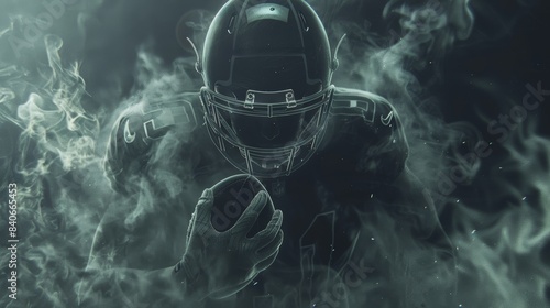 the intense energy and motion of an American football player in mid-action, surrounded by a dramatic, nebulous backdrop that accentuates the sport's dynamic nature.
