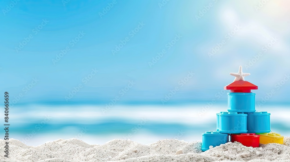 Colorful toy lighthouse standing on sand with beautiful seascape as background Colorful toy lighthouse standing on sand with beautiful seascape as background