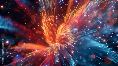 A vibrant display of colorful fireworks captured in mid-explosion, lighting up the night sky with brilliant shades of orange and blue.