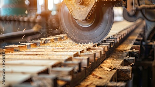 sawmill disc saw cutting wooden furniture parts in an industrial plant copy space for text Generative AI