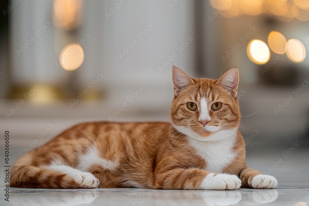 A photo of a beautiful cat lying on the floor, looking at the camera, with a blurred background. Space for copy. A photo of a beautiful cat lying on the floor, looking at the camera, with a blurred background. Space for copy.