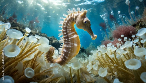 a seahorse in a sea of anemones, hyperrealistic, underwater photography