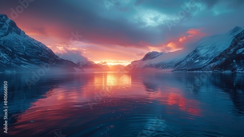 Dramatic Sunset Reflection Over Snowy Mountain Lake.  A dramatic sunset casting vibrant colors across a calm mountain lake  surrounded by snowy peaks.