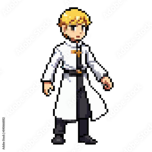 A young clergyman or priest wearing white robes and cross, welcomes congregation to church. Vector pixel art, 2D clipart illustration, isolated on transparent background.