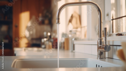 A close-up shot of a kitchen sink faucet in operation  water flowing from the spout