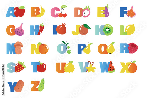 Alphabet illustration in flat cartoon design. Colorful letters are displayed next to different fruits, berries and vegetables in this cute image. Vector illustration.
