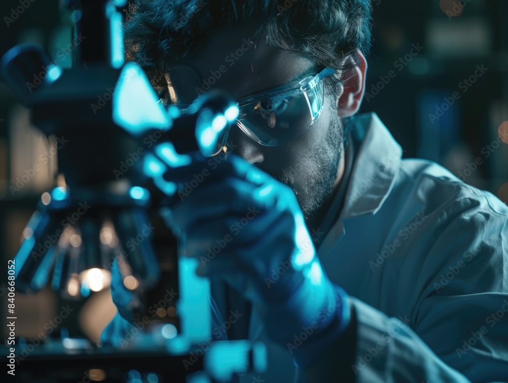 A man in a white lab coat is examining a microscopic slide, highlighting the importance of scientific research and discovery A man in a white lab coat is examining a microscopic slide, highlighting the importance of scientific research and discovery