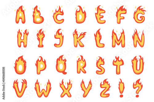 Alphabet illustration in flat cartoon design. This vibrant image features a gorgeous alphabet with fiery letters on a white background. Vector illustration.