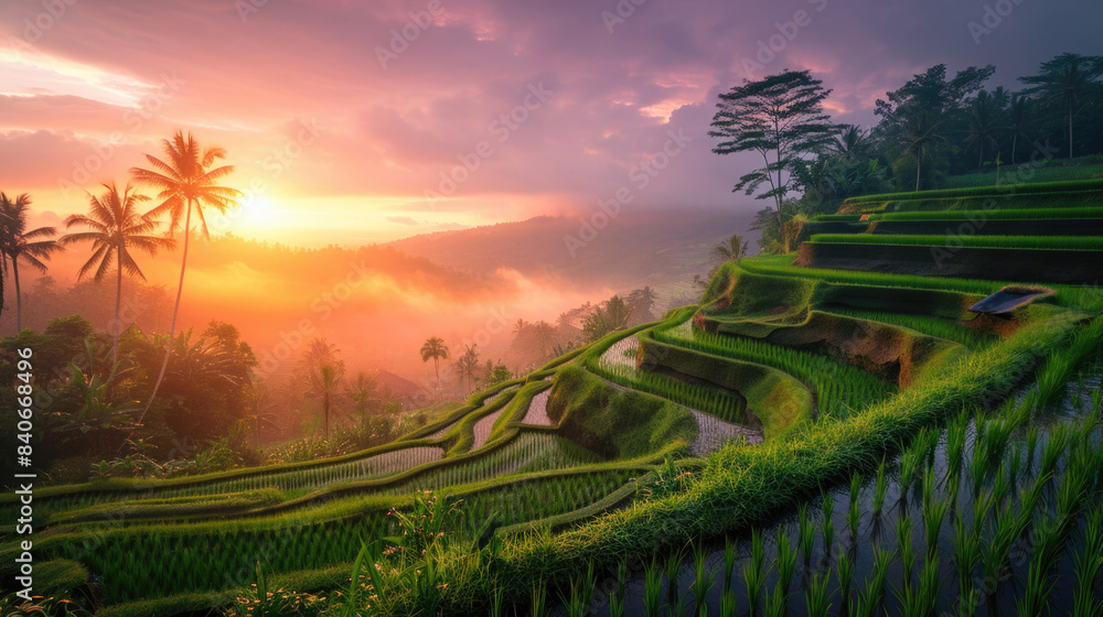 Stunning Sunrise Over Lush Green Terraced Rice Fields in Bali, Indonesia with Palm Trees and Misty Mountains in the Background Stunning Sunrise Over Lush Green Terraced Rice Fields in Bali, Indonesia with Palm Trees and Misty Mountains in the Background
