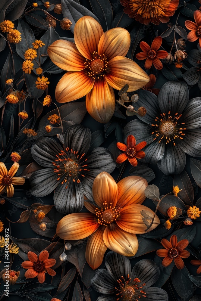 Golden and Black Flowers in a Dark Garden Golden and Black Flowers in a Dark Garden
