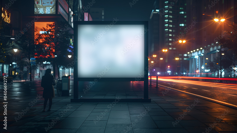 Empty blank billboard at night surrounded by a cityscape. Empty blank billboard at night surrounded by a cityscape.