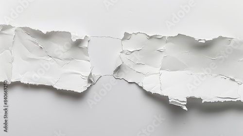 close up of a white ripped piece of paper on white background