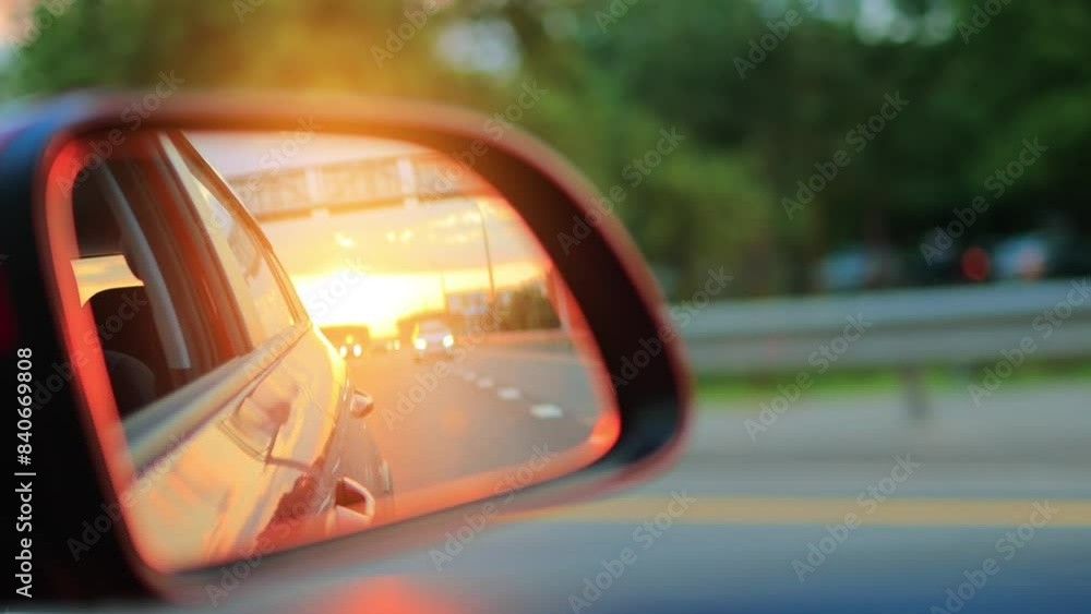 The sun is reflected in the mirror, evening road. View in the side rear view mirror of a red car driving along the highway The sun is reflected in the mirror, evening road. View in the side rear view mirror of a red car driving along the highway
