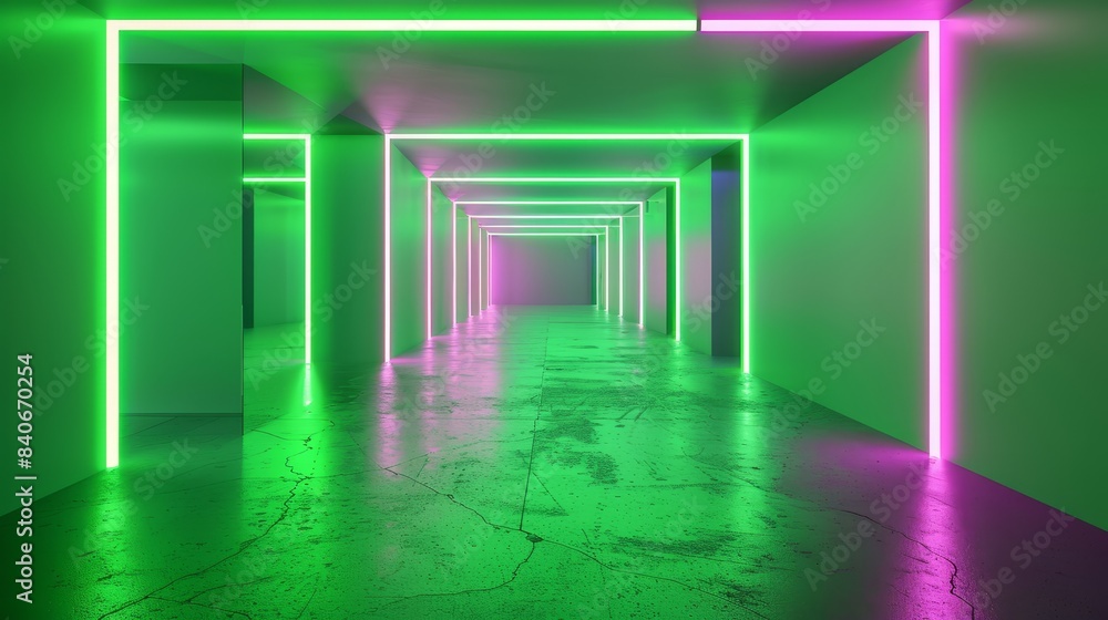 Empty green neon corridor with square portal, set in a virtual reality environment, ultraviolet spectrum lighting, perfect for abstract backgrounds and laser shows Empty green neon corridor with square portal, set in a virtual reality environment, ultraviolet spectrum lighting, perfect for abstract backgrounds and laser shows